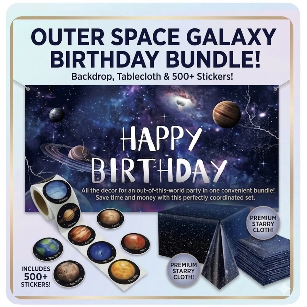 Space Galaxy Birthday Backdrop, Table Cloth & 500 Stickers Bundle